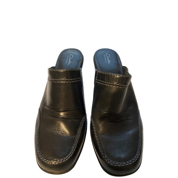 Clarks Bendables Mule Clog Heel Black Size 7 Leather Stitch Detail - Picture 4 of 9